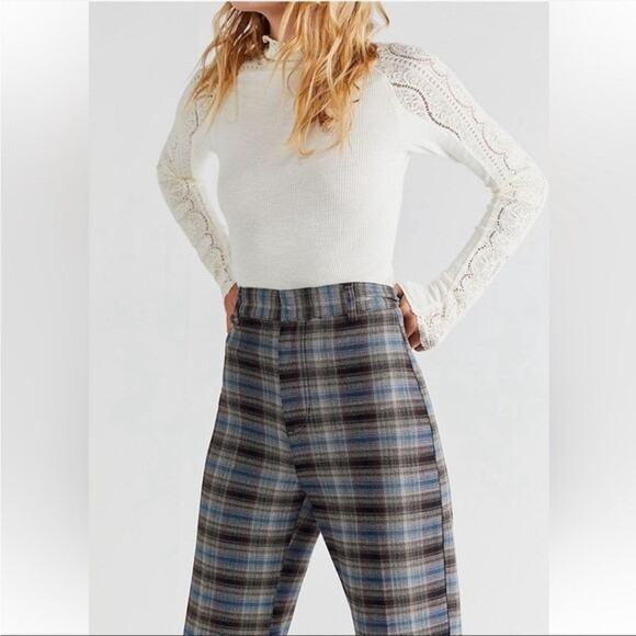 Free People Womens Sz 12 Black Blue High Waist Wide Leg Plaid Jules Pants NWT - Picture 3 of 11